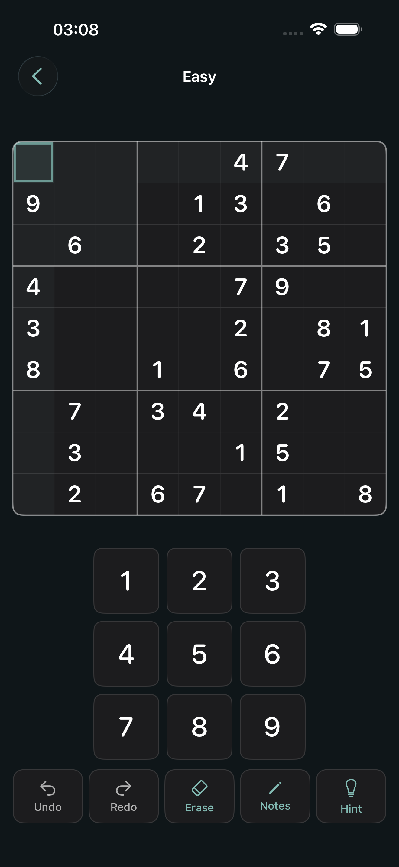 The same Sudoku gameplay in dark mode, with teal controls.