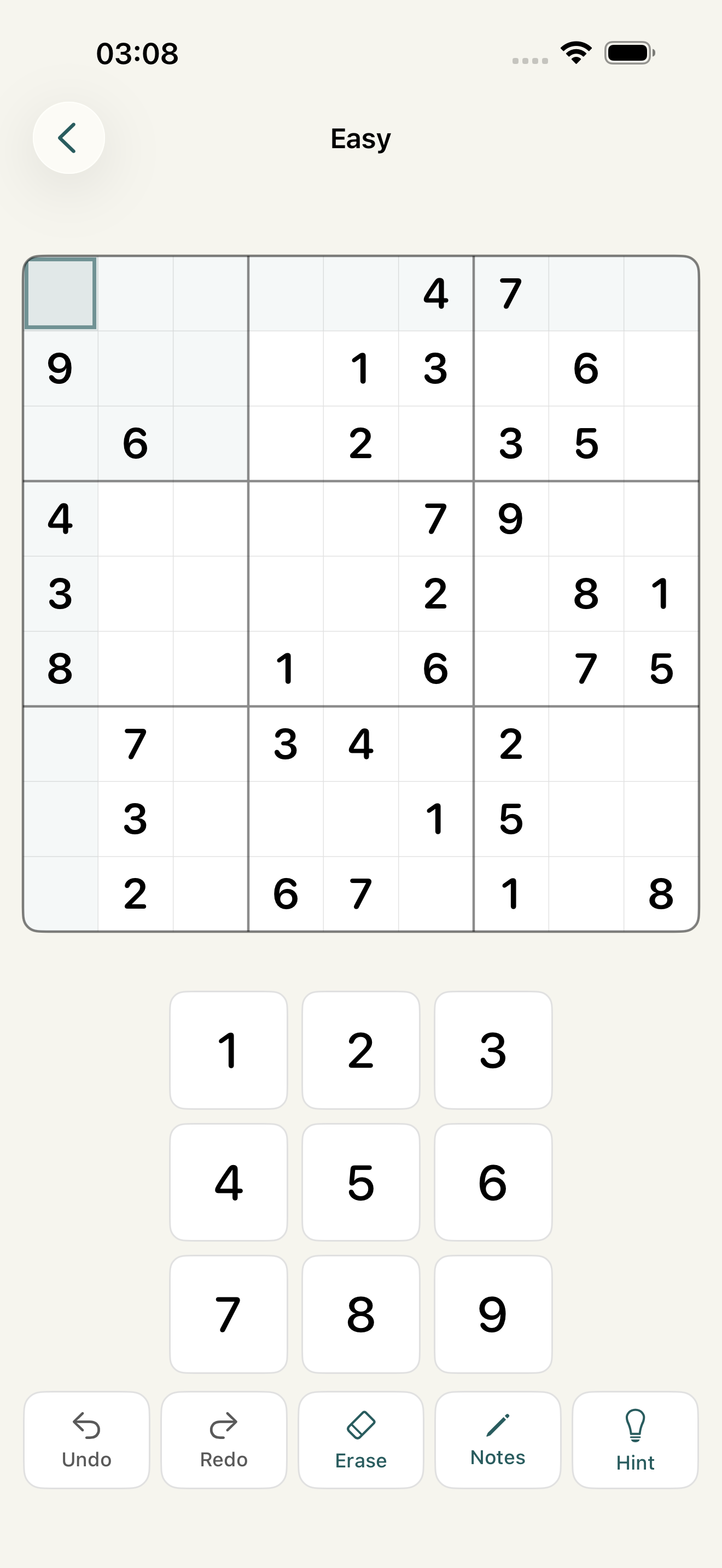Sudoku gameplay in light mode, with a puzzle grid and number keypad.